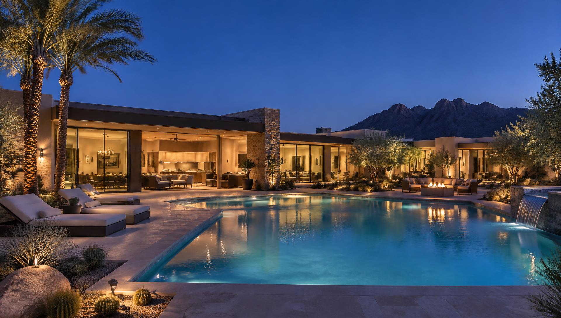 Luxury Scottsdale vacation home with pool at blue hour