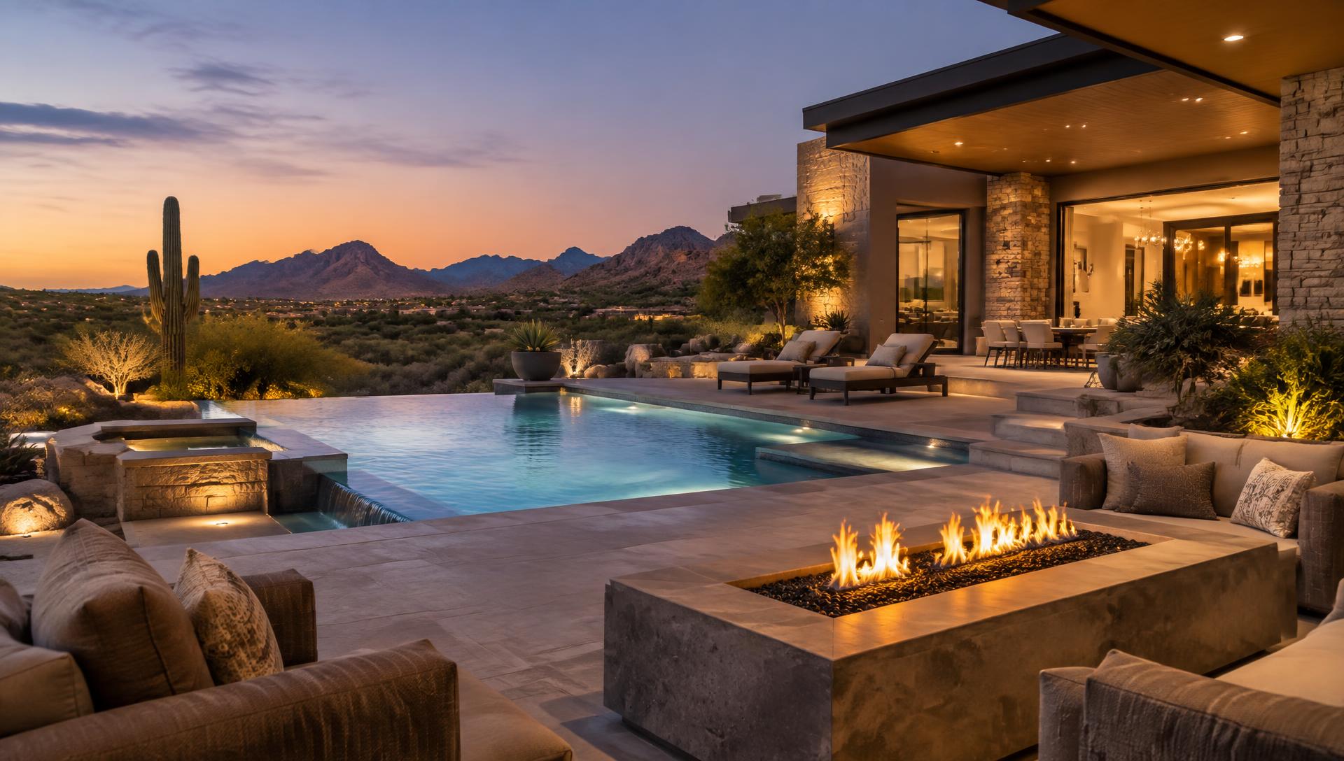 Arizona vacation home at twilight with pool and desert landscape